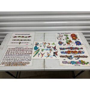 Lot 5 Page Vintage Tattoo Flash Art Laminated Sheet Good Fortune Colorful